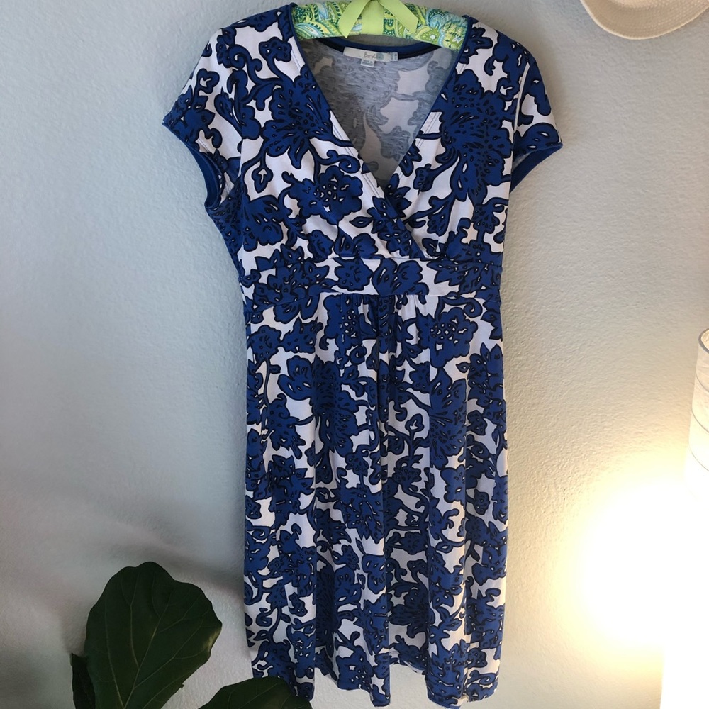 Boden knee length white, black & royal blue dress